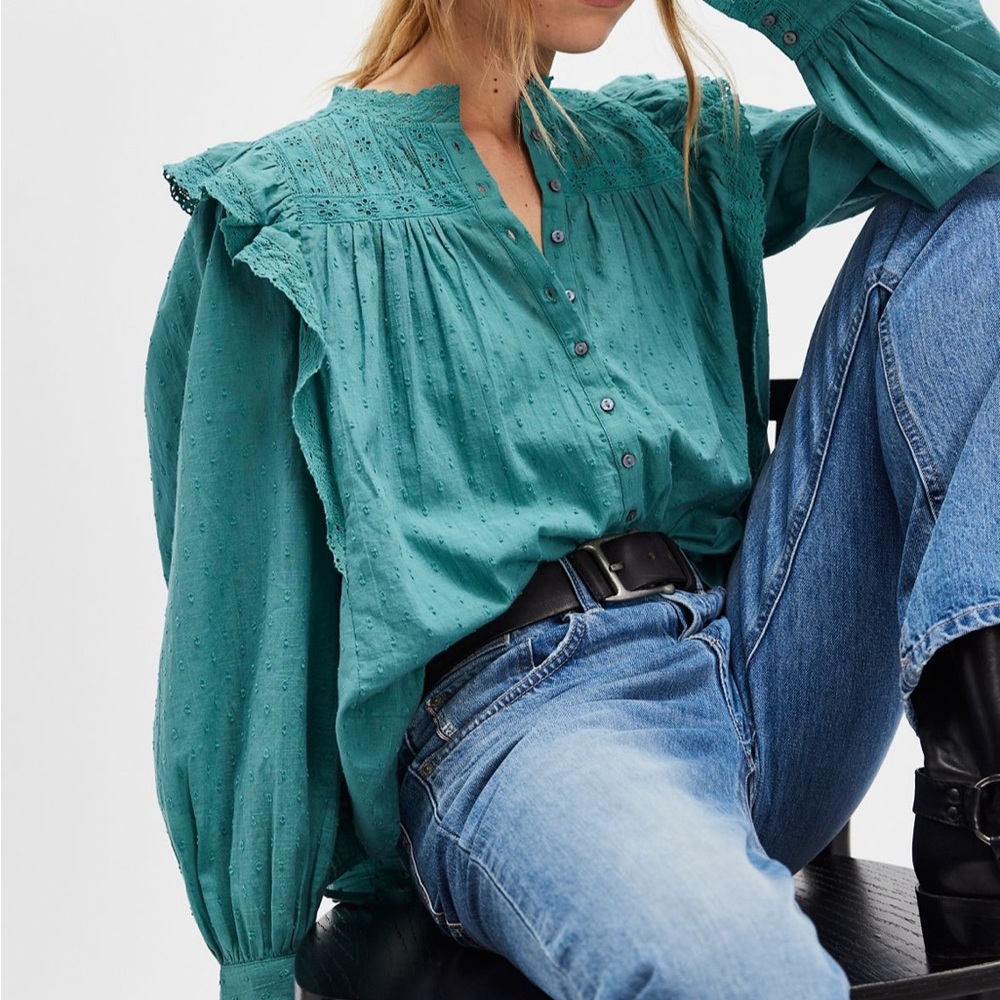 Free People Turquoise Ruffle Blouse - Picture 2 of 11